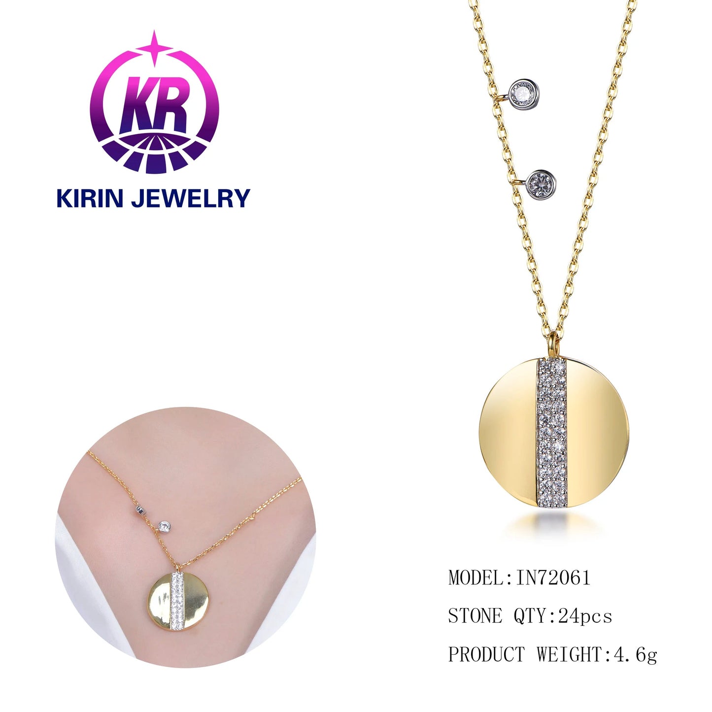 Women party jewelry 925 sterling silver Delicate disc diamond necklace Kirin Jewelry