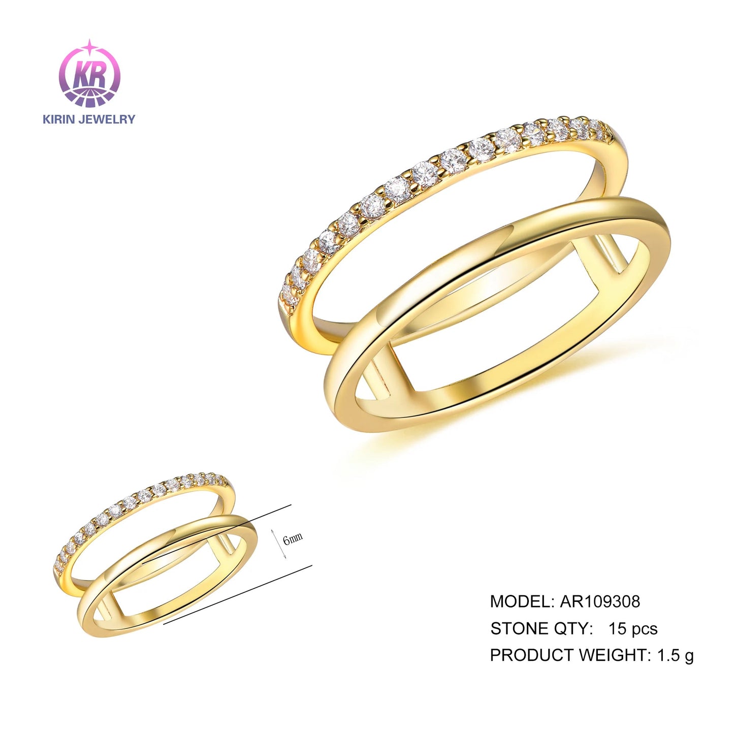 Women's Stainless Steel Cubic Zirconia Ring Knuckle Midi Stacking Double Lines Eternity Bands 18k gold plated Kirin Jewelry