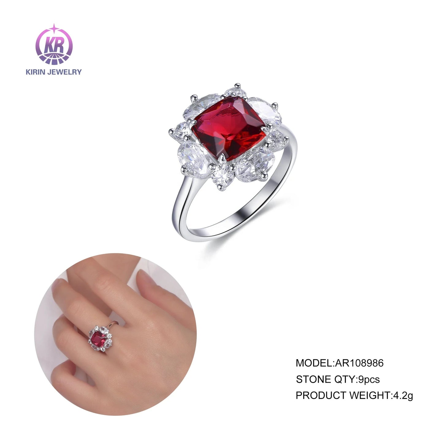 fashion flower silver cushion ruby diamond engagement rings Kirin Jewelry