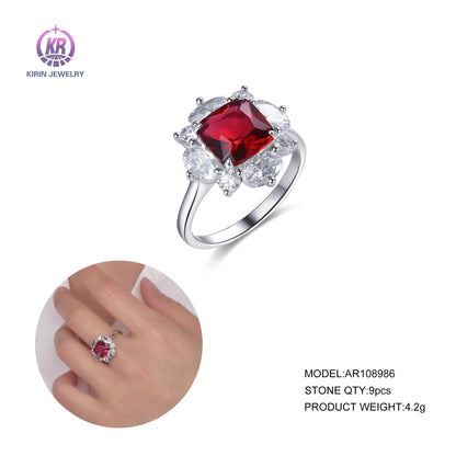 fashion flower silver cushion ruby diamond engagement rings Kirin Jewelry