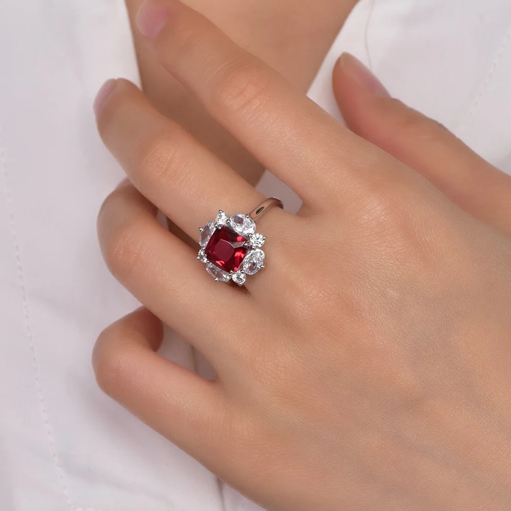 s925 flower cz cushion ruby diamond engagement rings 