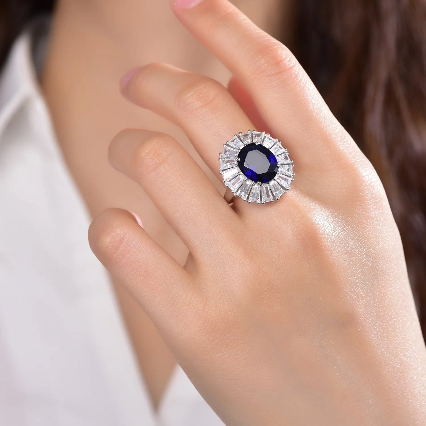 dark blue fusion gem 18k white gold plated ring baguette 5A CZ S925 silver ring 925 sterling silver ring Kirin Jewelry