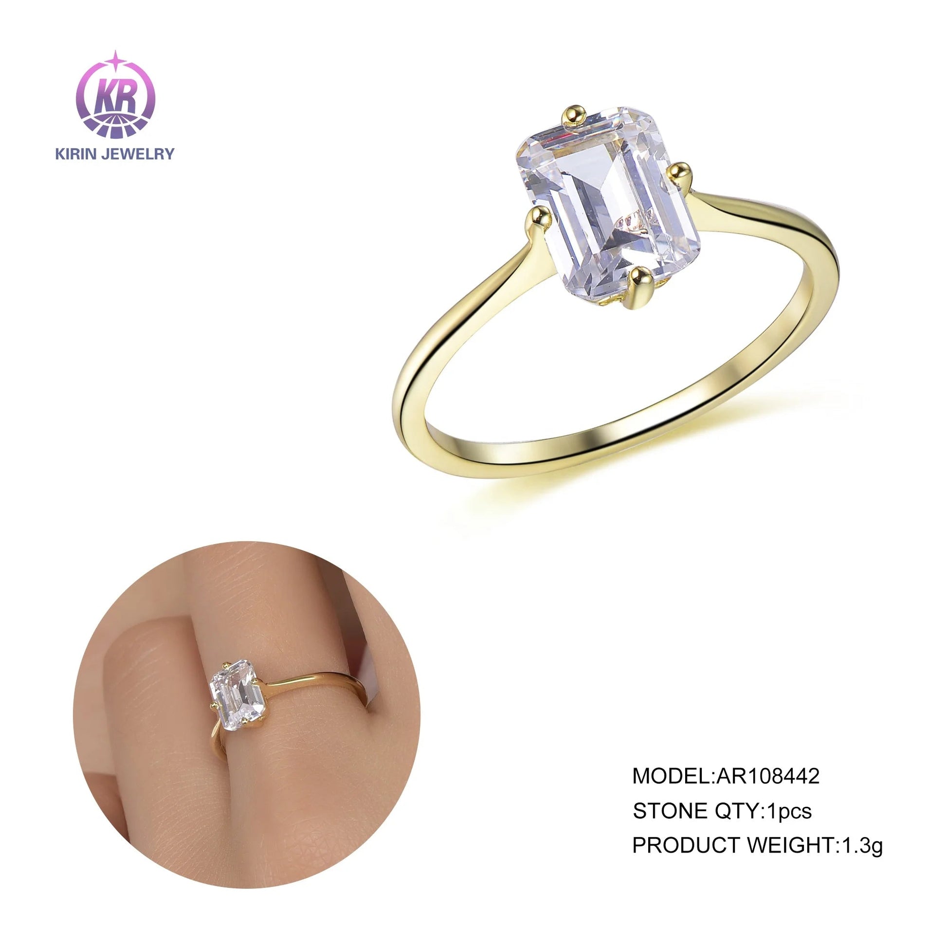 emerald cut 6*8mm moissanite lab grown stone ring jewelry square AAA cz 14k gold ring bohemian rings Kirin Jewelry