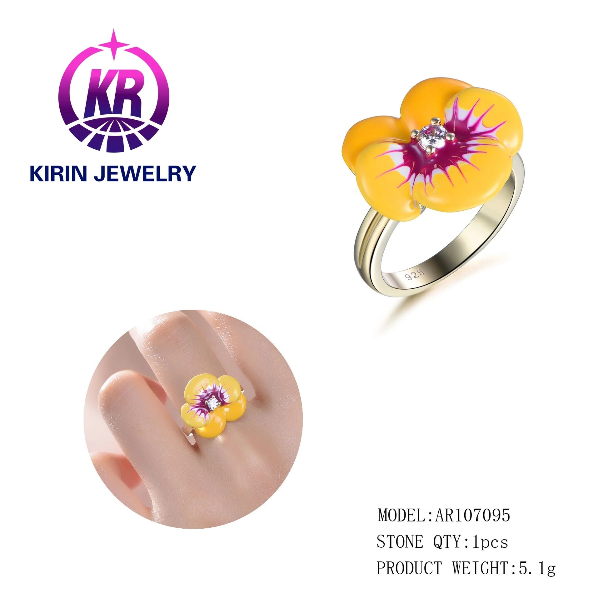 fashion 925 sliver gold plated yellow enamel leaves flower ring 