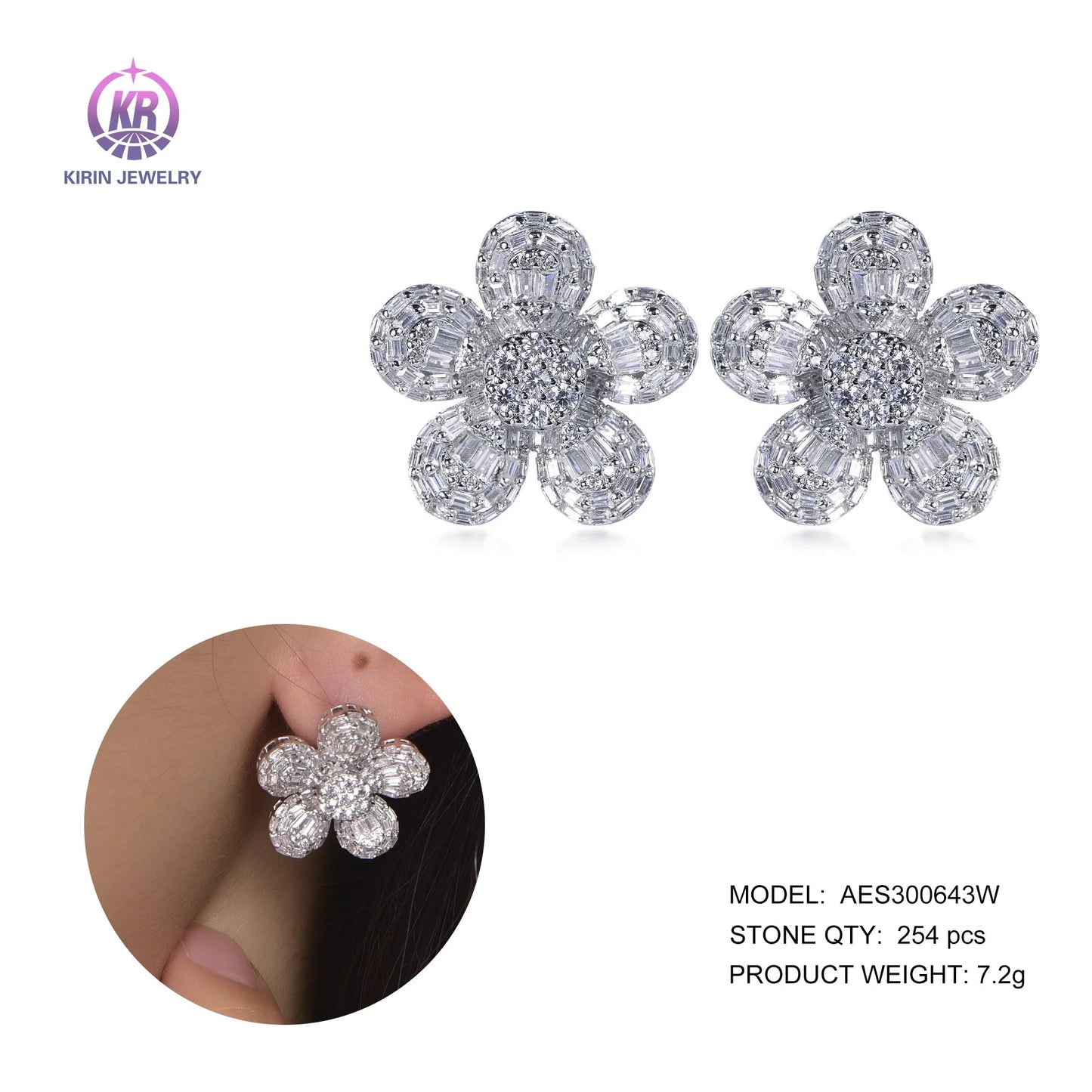 fine 5A CZ zircon flower petal earrings hawaiian plumeria flower gold earrings white flower stud earrings Kirin Jewelry