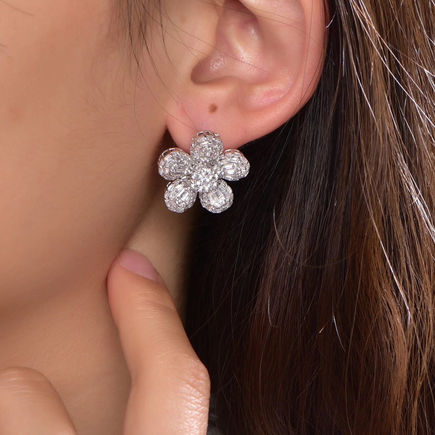 fine 5A CZ zircon flower petal earrings hawaiian plumeria flower gold earrings white flower stud earrings Kirin Jewelry