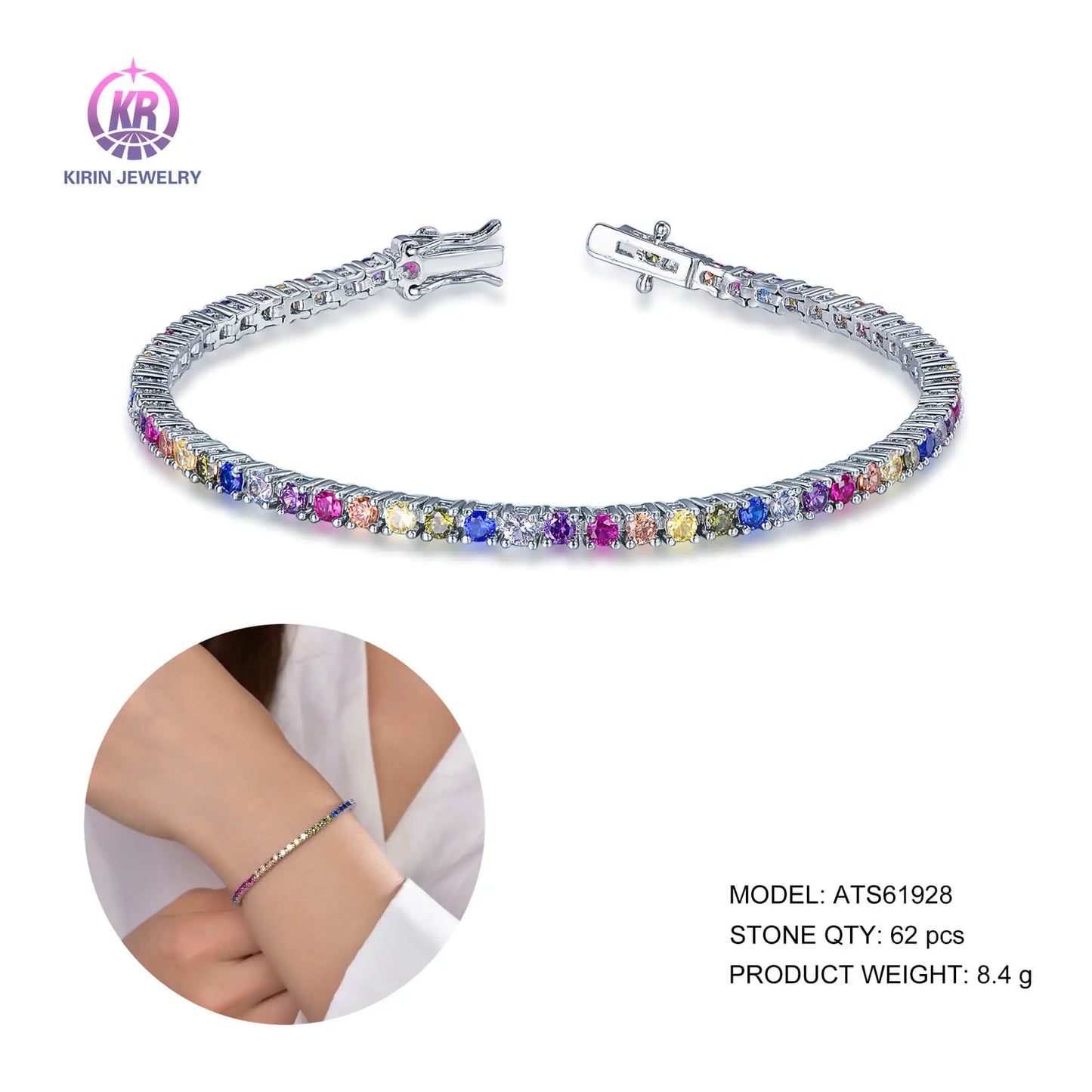 fashion 925 sliver rainbow tennis bracelet for colorful CZ jewelry 