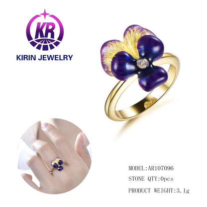 925 silver gold plated enamel leaves flower ring for women