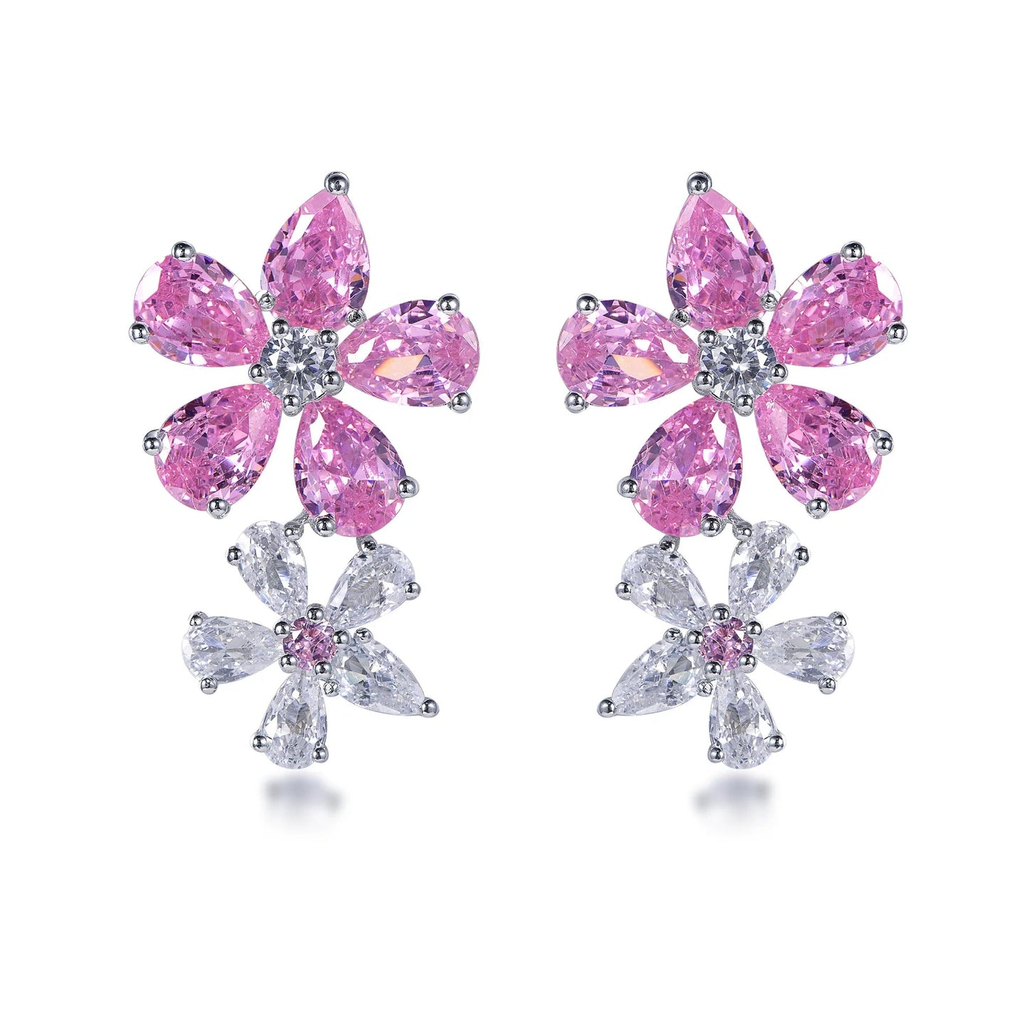 flower statement earrings long flower earrings sterling silver 925 pink CZ double flower petal earrings Kirin Jewelry