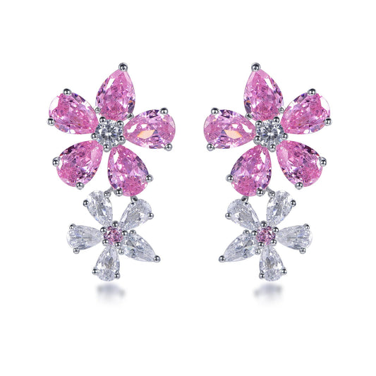 flower statement earrings long flower earrings sterling silver 925 pink CZ double flower petal earrings Kirin Jewelry