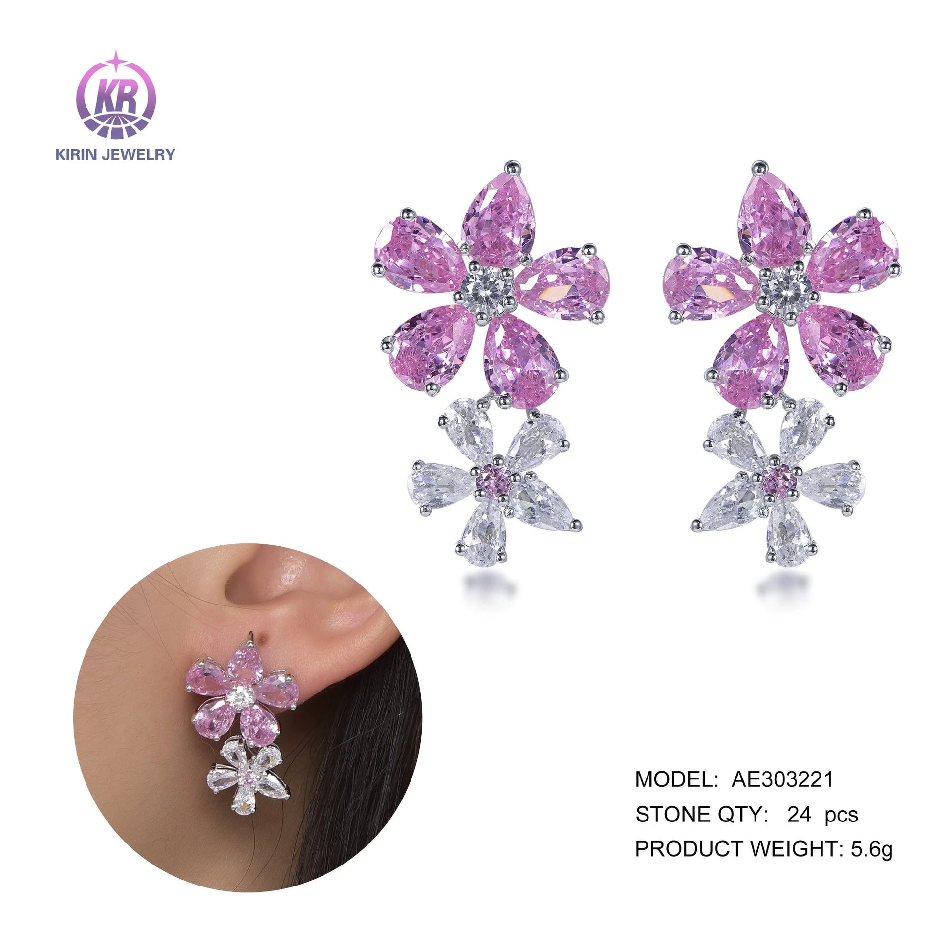 flower statement earrings long flower earrings sterling silver 925 pink CZ double flower petal earrings Kirin Jewelry