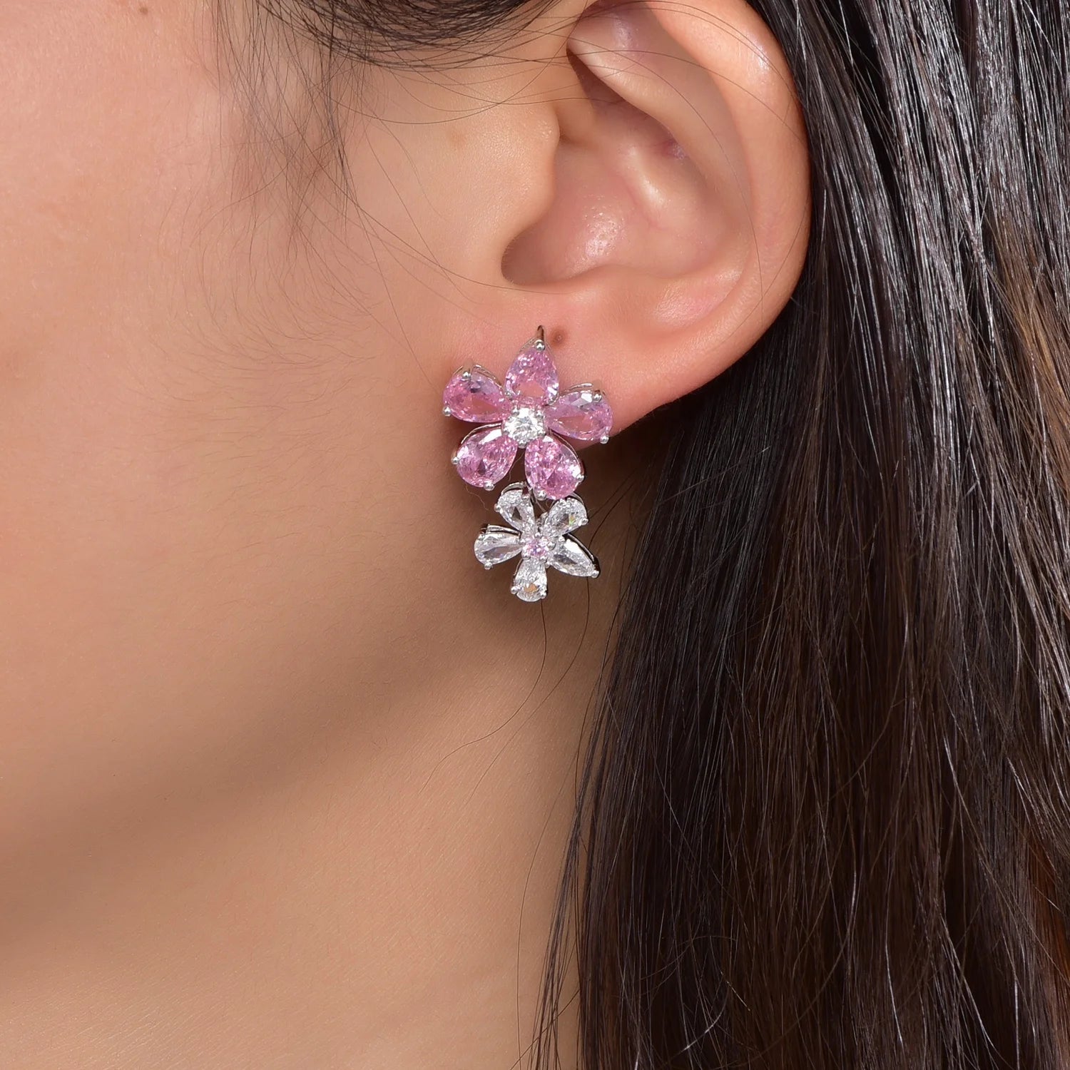 flower statement earrings long flower earrings sterling silver 925 pink CZ double flower petal earrings Kirin Jewelry