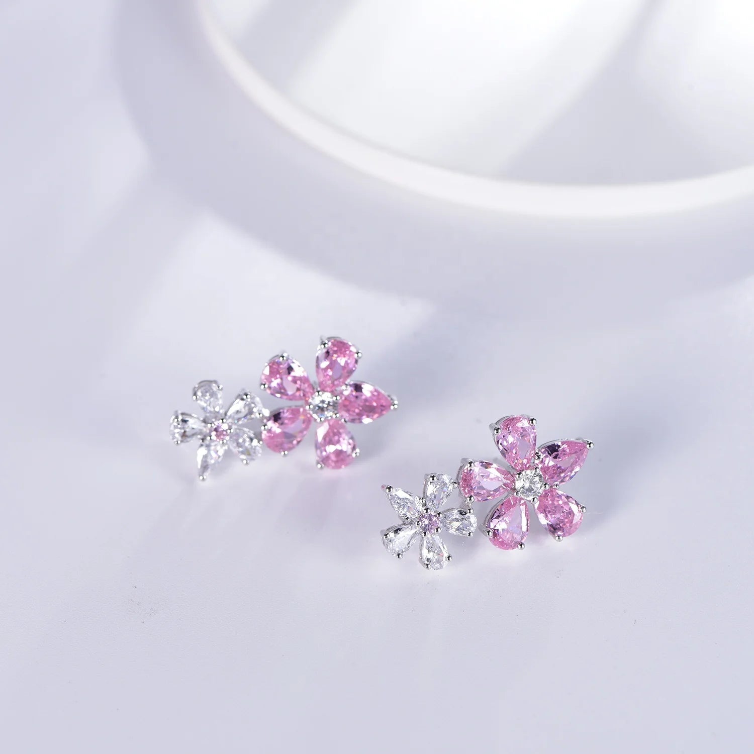flower statement earrings long flower earrings sterling silver 925 pink CZ double flower petal earrings Kirin Jewelry