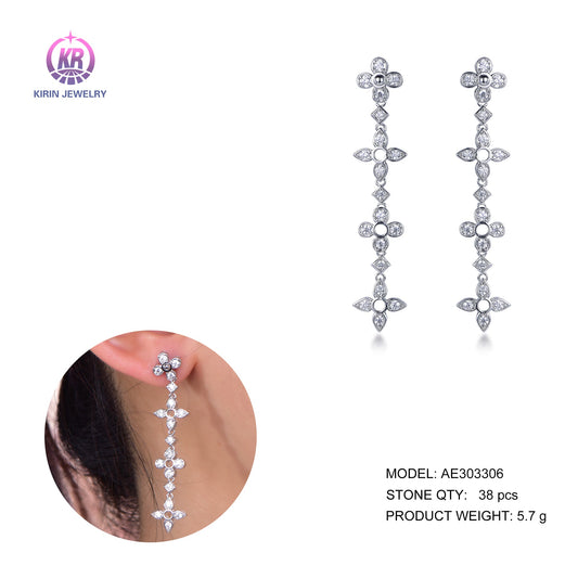 flower type drop earring with rhodium plating CZ 303306 Kirin Jewelry
