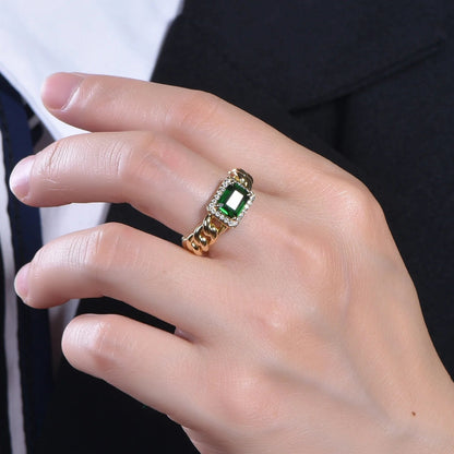 hip hop jewelry 925 sterling silver baguette emerald cz diamond ring for women 18k gold plated ring men cuban chain ring Kirin Jewelry