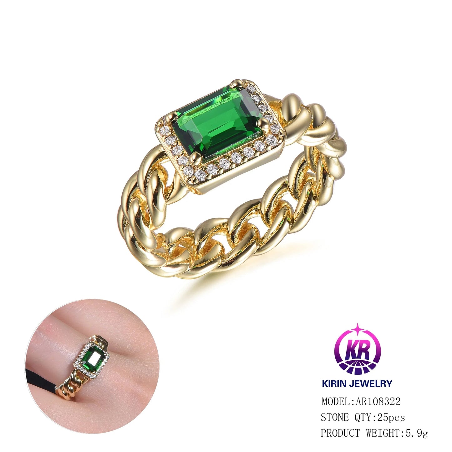 hip hop jewelry 925 sterling silver baguette emerald cz diamond ring for women 18k gold plated ring men cuban chain ring Kirin Jewelry