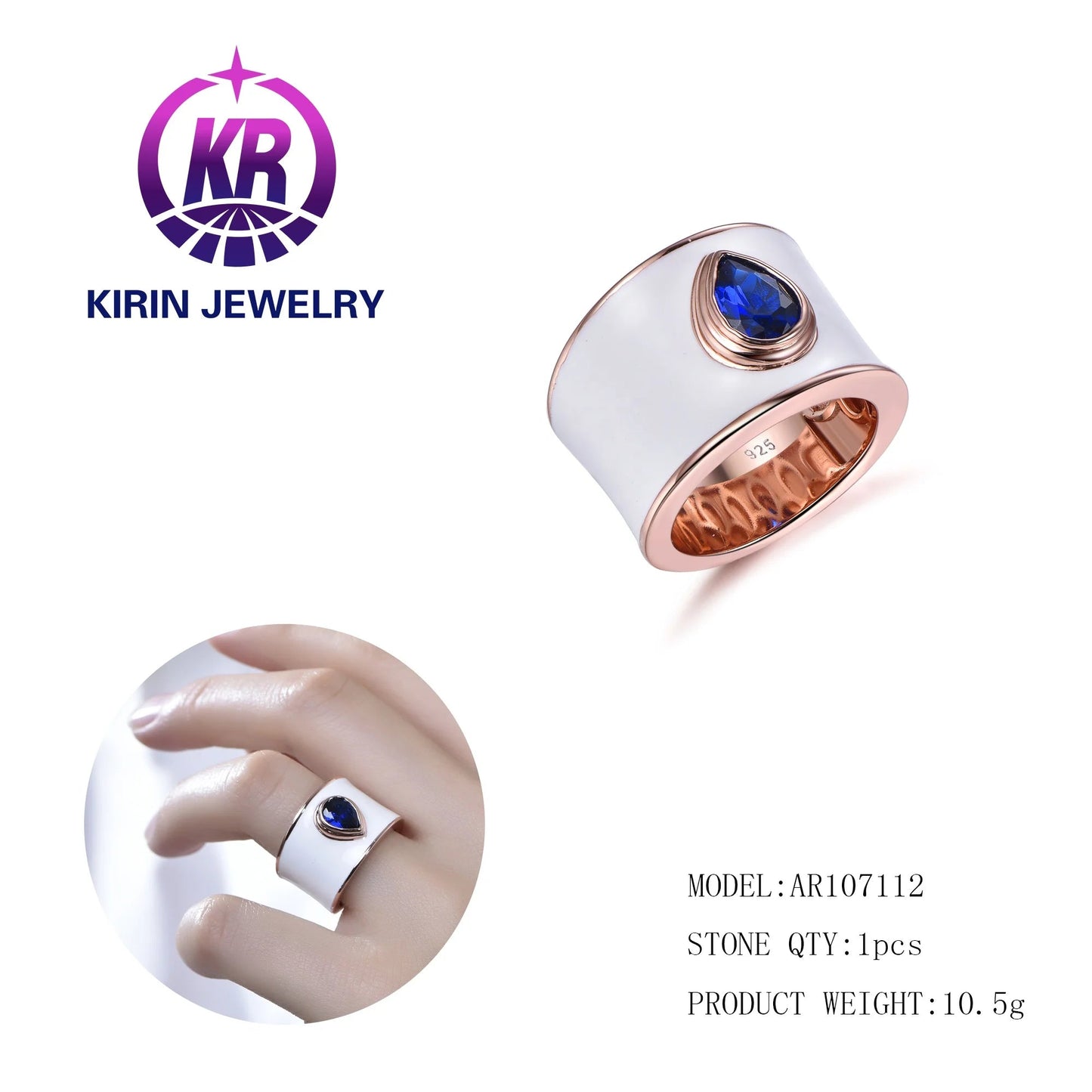 hip hop jewelry enamel sterling silver ring enamel rings jewelry women rose gold blue spinel diamond bands white enamel ring Kirin Jewelry