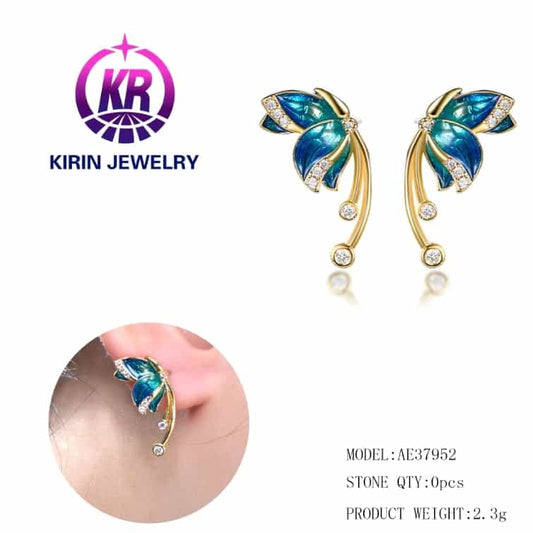 kirin jewelry 14K gold plated Earring Blue Color Butterfly Cubic Zircon New Fashion Stud Earring Jewelry Factory Kirin Jewelry