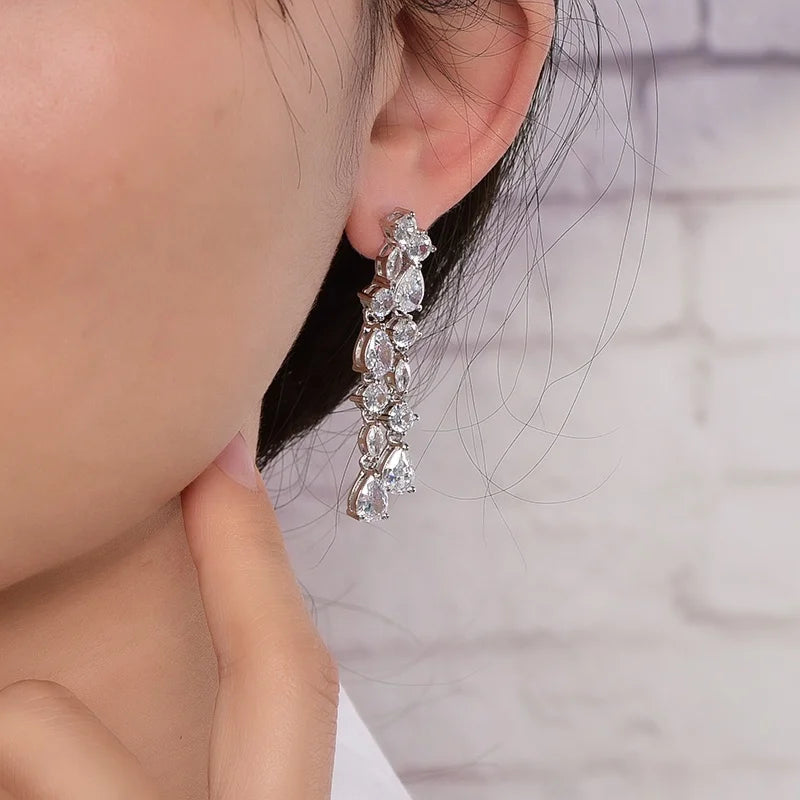 large tassel earrings sterling silver bridal 5A zircon crystal long earrings 925 bridal 925 silver earring Kirin Jewelry