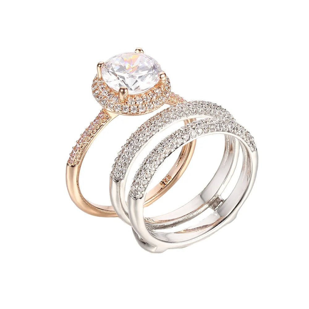 Gold Plated Stackable Round Cubic Zirconia Three-in-One Halo Engagement Ring Sets