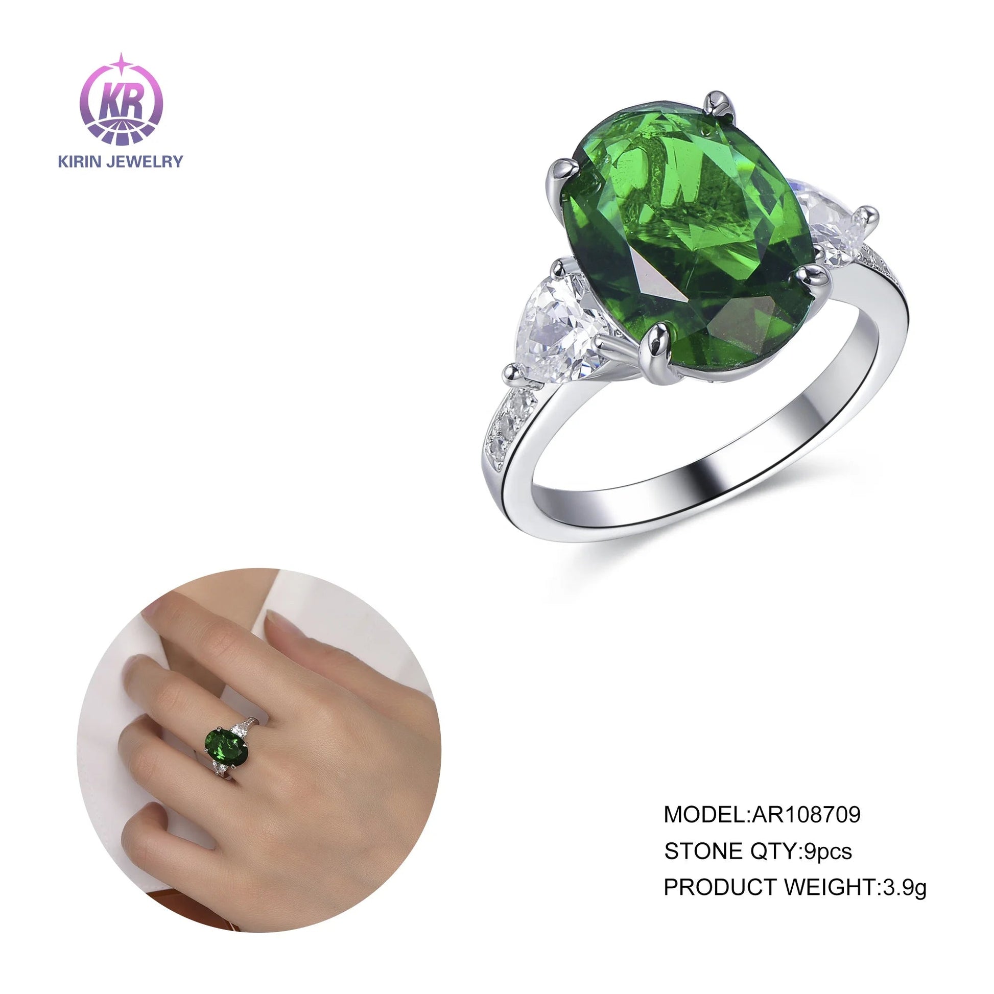 micro prong 925 sterling silver ring jewelry cz oval gemstone white gold ring Women's gift emerald rings Kirin Jewelry