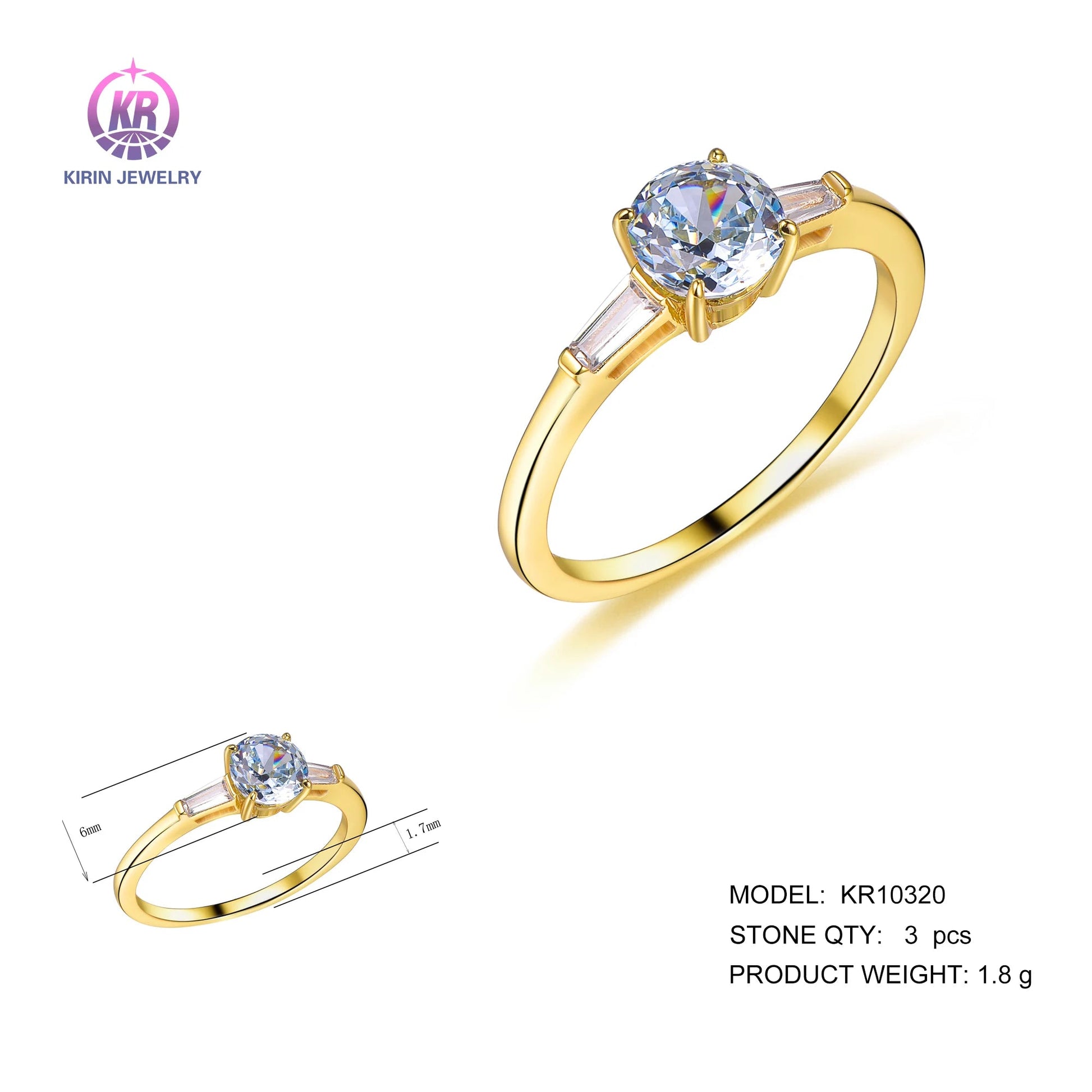 Luxury 925 Silver Gold Plated Side Stone Round Diamond Engagement Ring