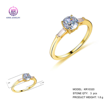 Luxury 925 Silver Gold Plated Side Stone Round Diamond Engagement Ring