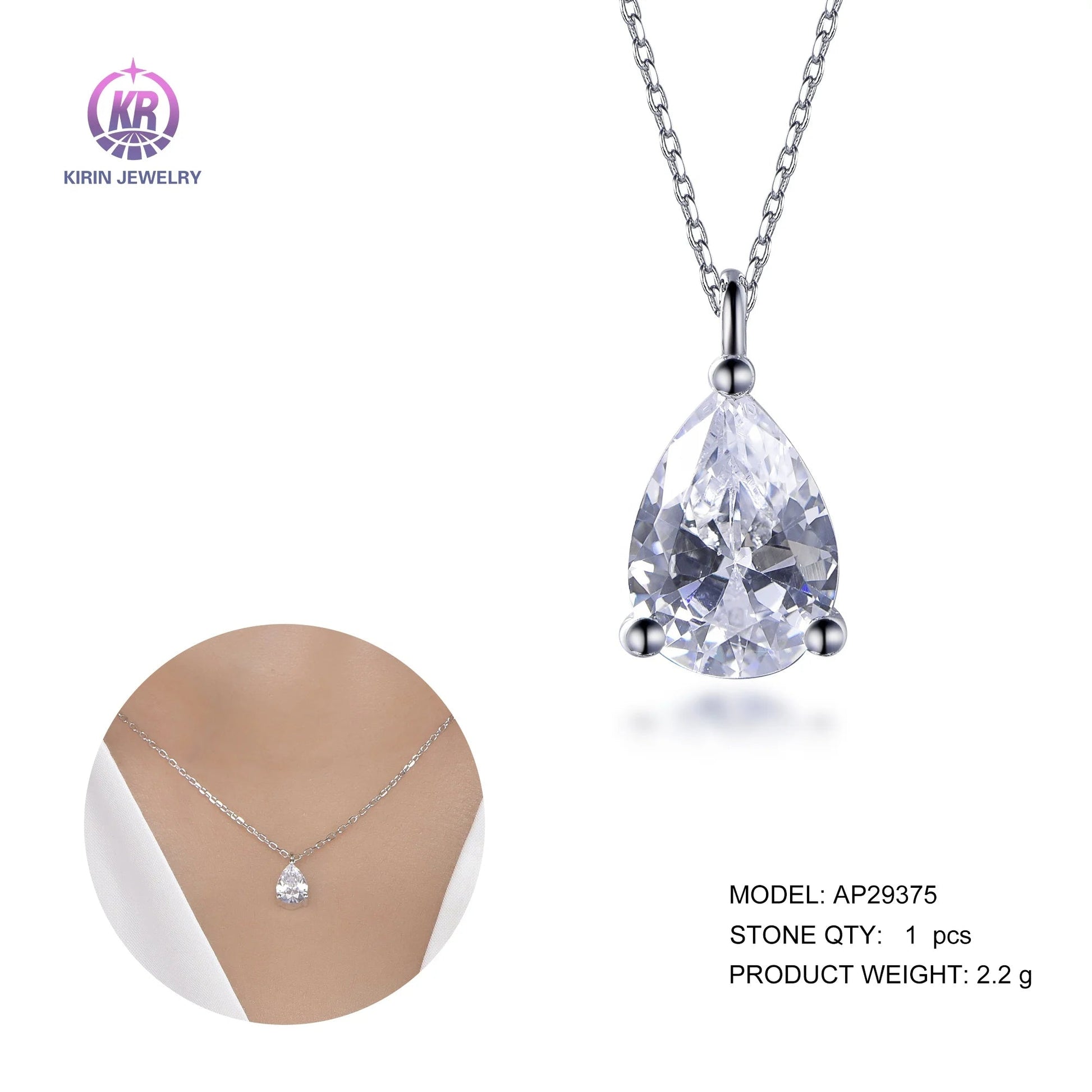 pear CZ rhinestone silver chain lab diamond pendant 925 silver custom hip hop moissanite diamond pendant Kirin Jewelry