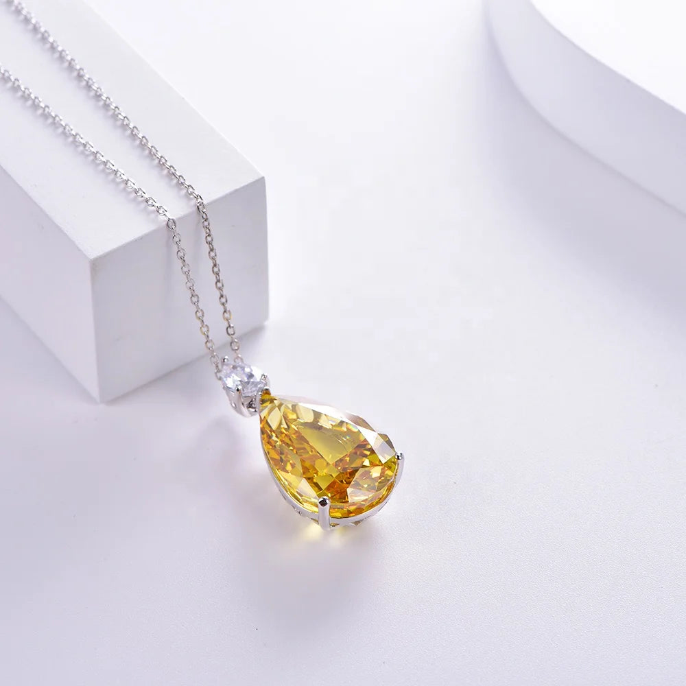 pear cut 5A CZ diamonds pendant white gold diamonds necklace 925 silver canary yellow diamond pendant Kirin Jewelry