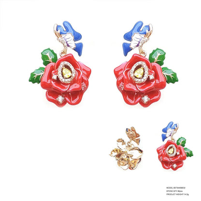 pendientes red rose flower earring stud 925 sterling silver ear ring enamel flower earrings silver sun flower earrings for women Kirin Jewelry