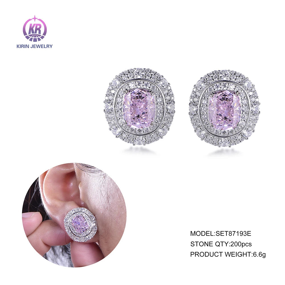 popular style western silver oval colored diamond women earrings Korean beautiful simple stud design bridesmaid stud earrings Kirin Jewelry