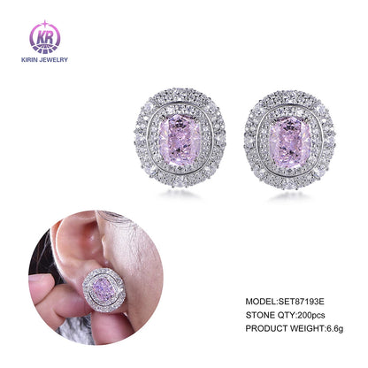 popular style western silver oval colored diamond women earrings Korean beautiful simple stud design bridesmaid stud earrings Kirin Jewelry