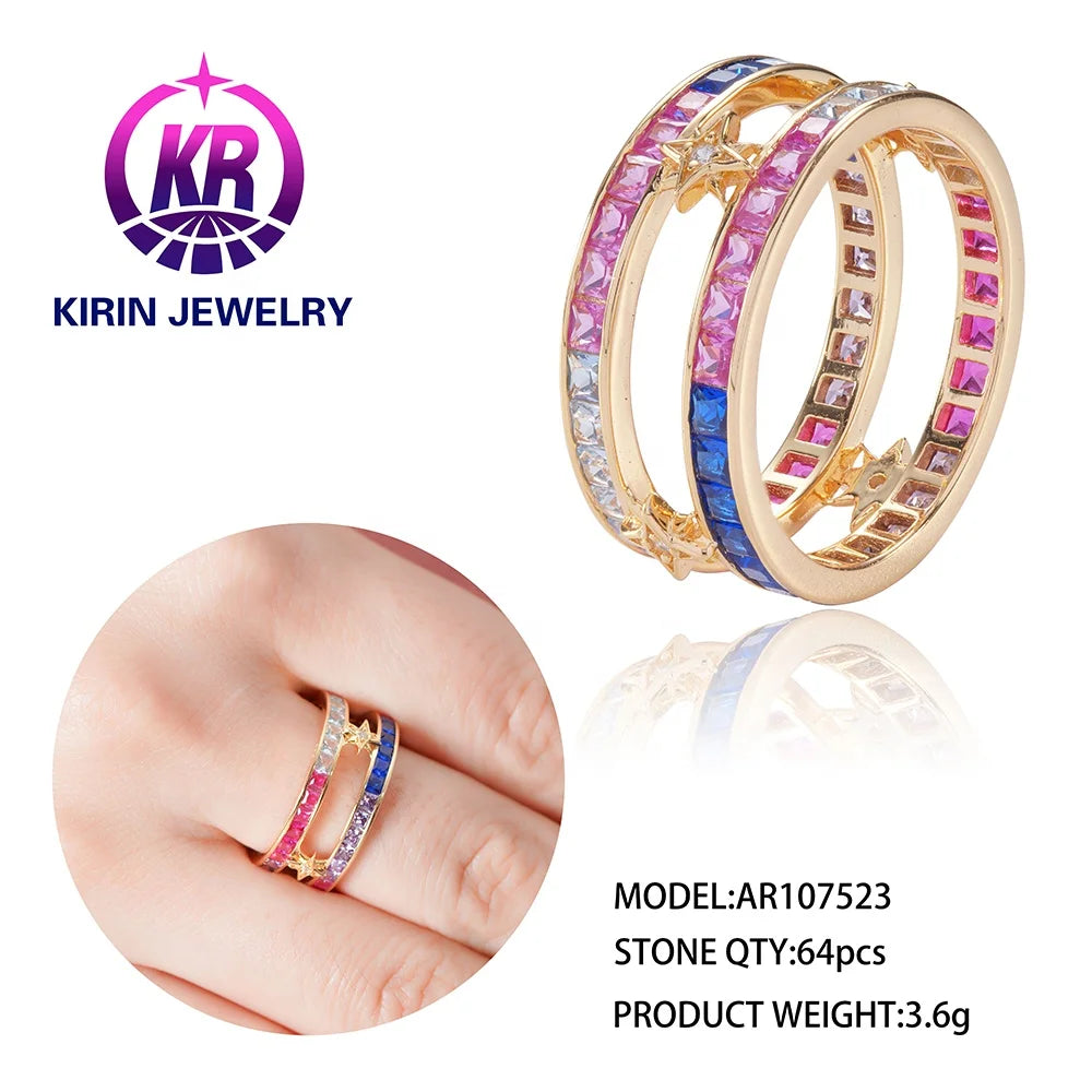 rainbow crystal multi color zircon s925 baguette ring 925 sterling silver ring two row rainbow eternity rings for women Kirin Jewelry