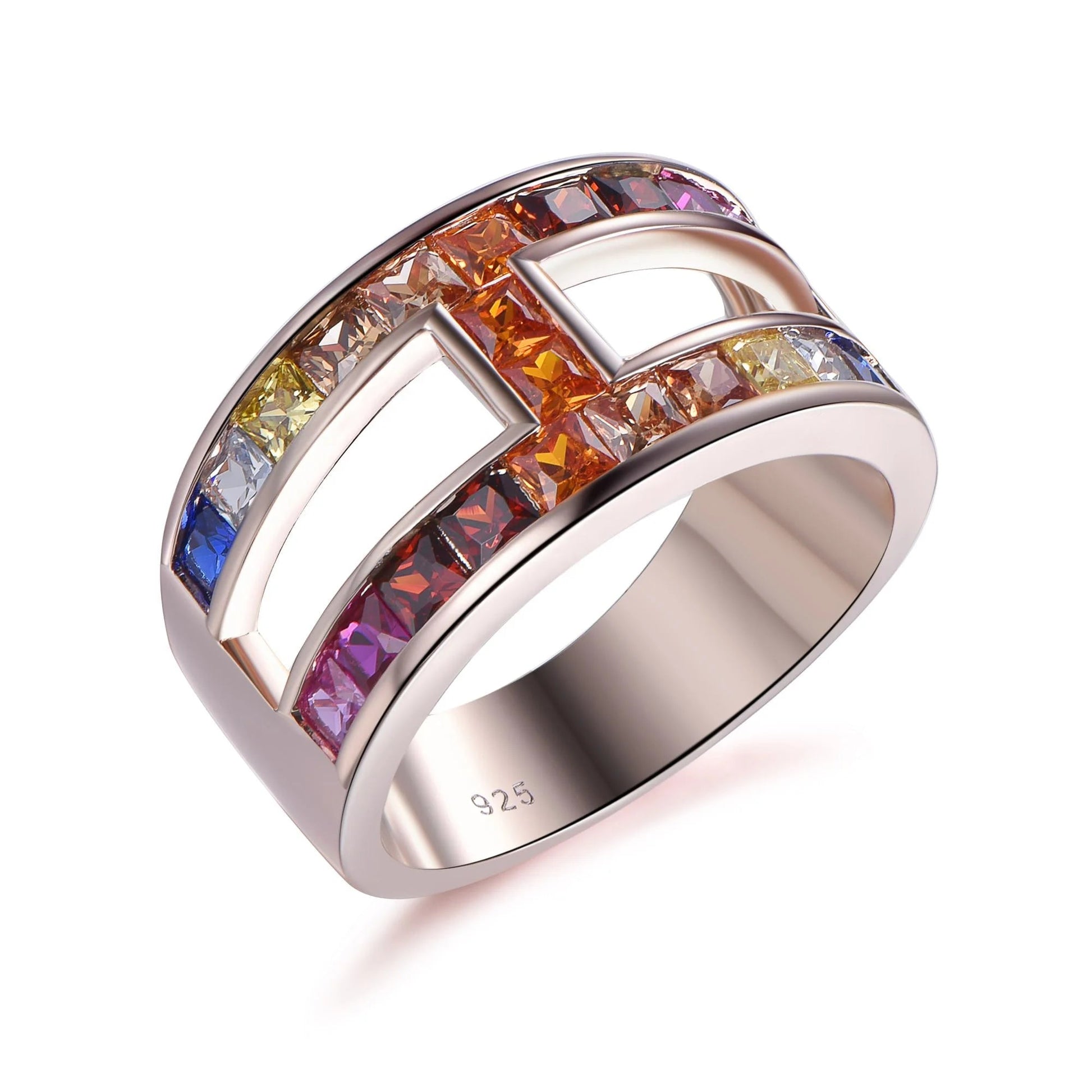 rainbow crystal multi color zircon s925 baguette ring 925 sterling silver ring two row rainbow eternity rings for women Kirin Jewelry