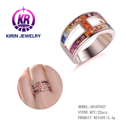 rainbow crystal multi color zircon s925 baguette ring 925 sterling silver ring two row rainbow eternity rings for women Kirin Jewelry