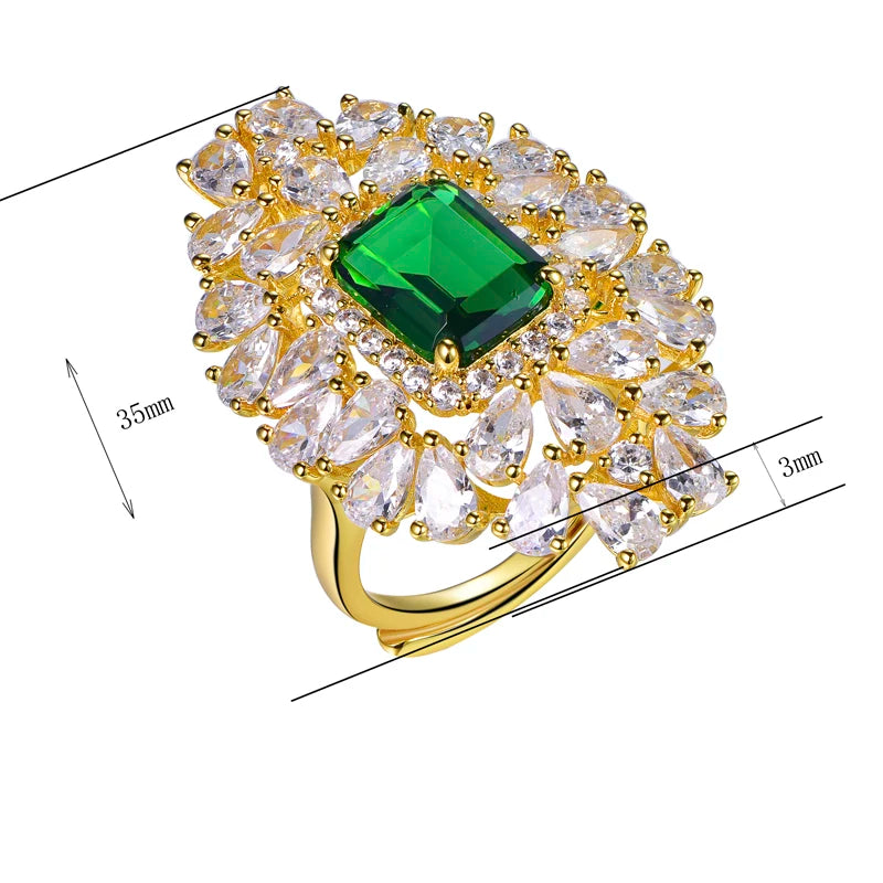 925 silver women golden flower cubic zirconia filled emerald cut ring