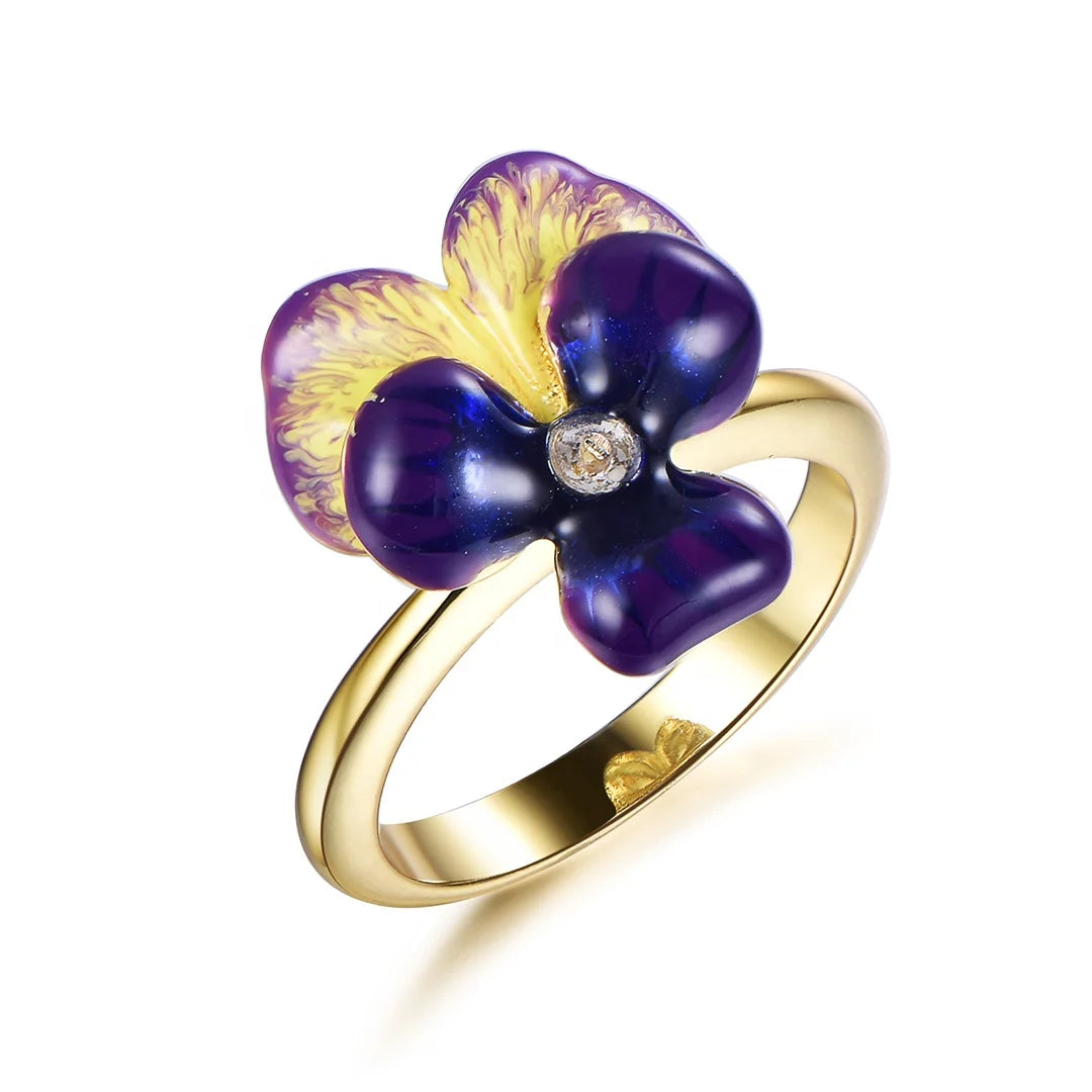 14K gold plated 925 sterling silver enamel flower ring for women fine jewelry