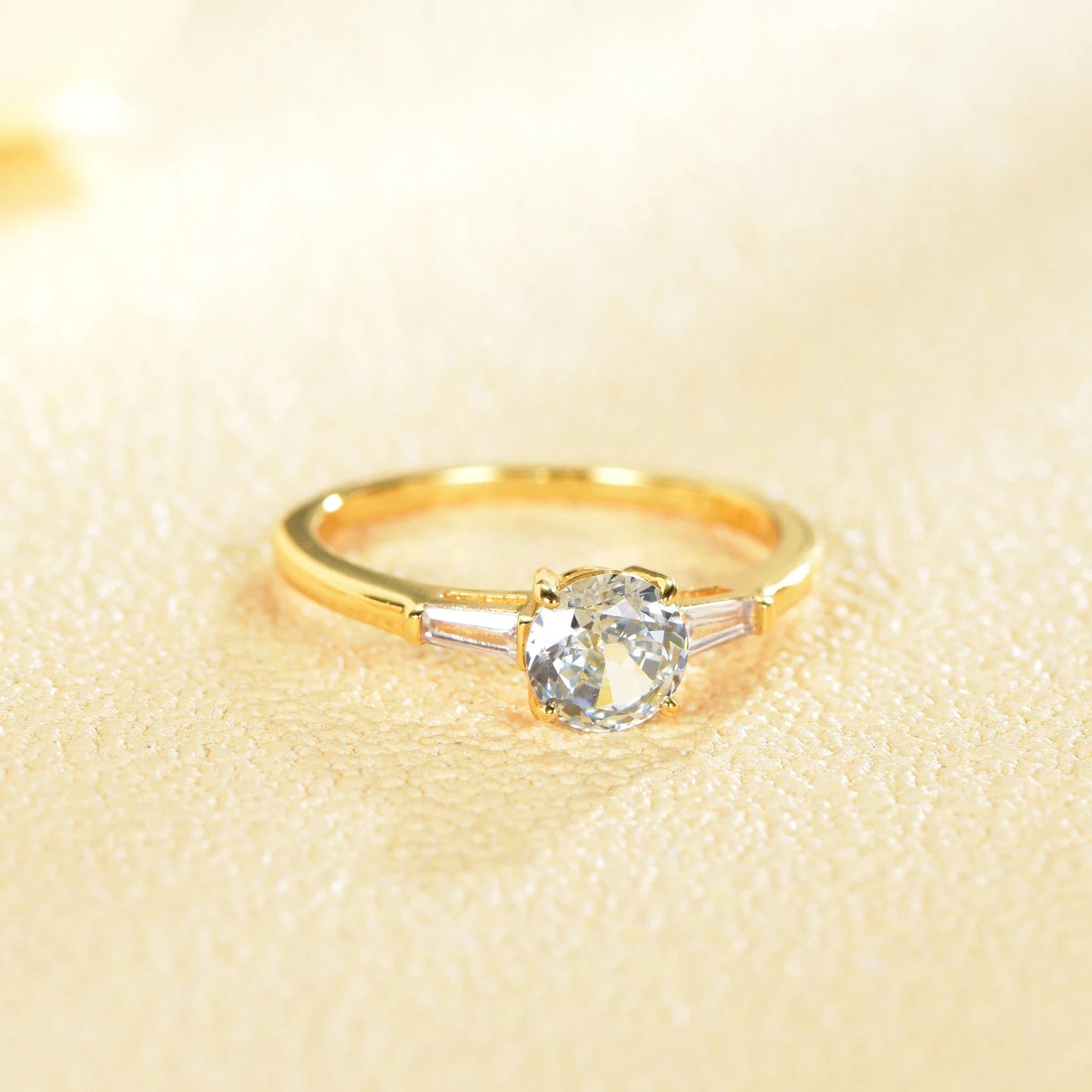 925 Silver Gold Plated Side Stone Round Diamond Engagement Ring