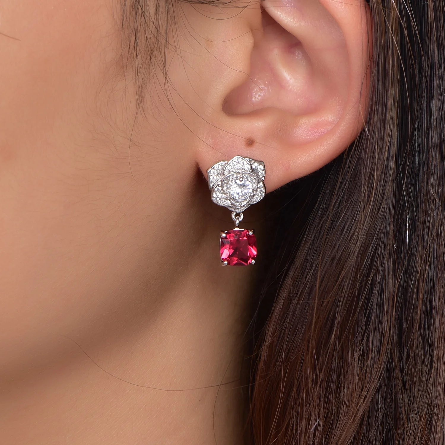 sterling silver earrings 925 flower earrings red corundum CZ crystal dangle earrings Kirin Jewelry