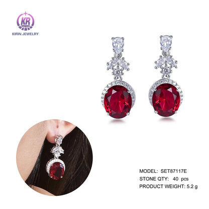 wedding earrings with ruby zircon micro pave 5a CZ high moq drop earring wedding bridal wedding earring Kirin Jewelry