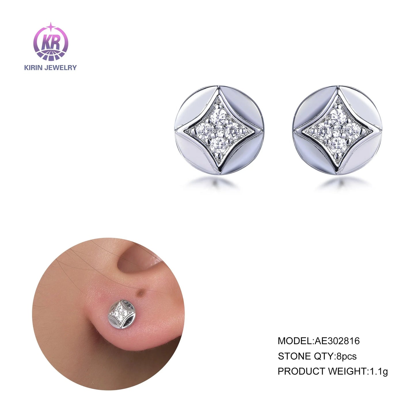 white zircon silver 925 jewelry earring stud Sterling silver earrings 925 AAA cubic zirconia stud earrings Kirin Jewelry