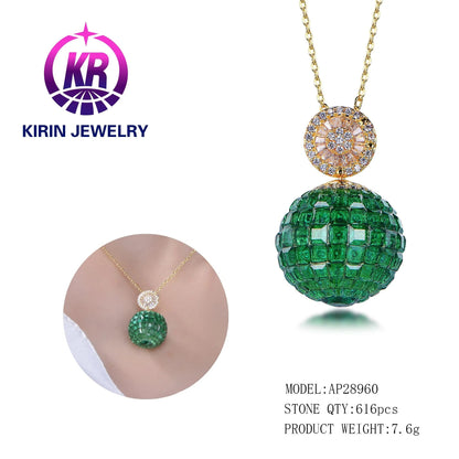 fashion 925 silver roller ball custom and gold imitation diamond emerald pendant necklace for women