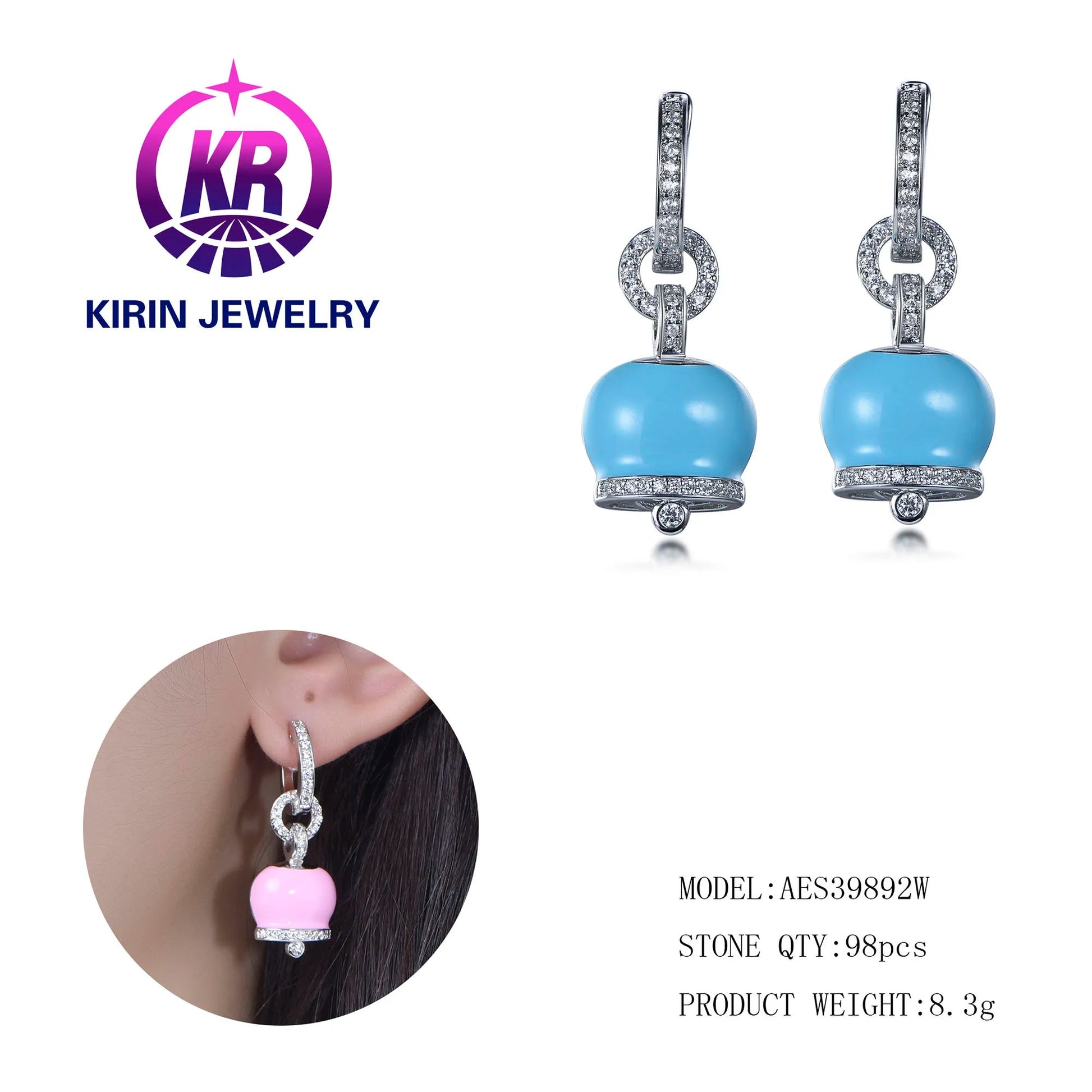 wholesale fashion gemstone jewelry light blue enamel 3A White Cubic Zirconia earring eardrop for women Kirin Jewelry