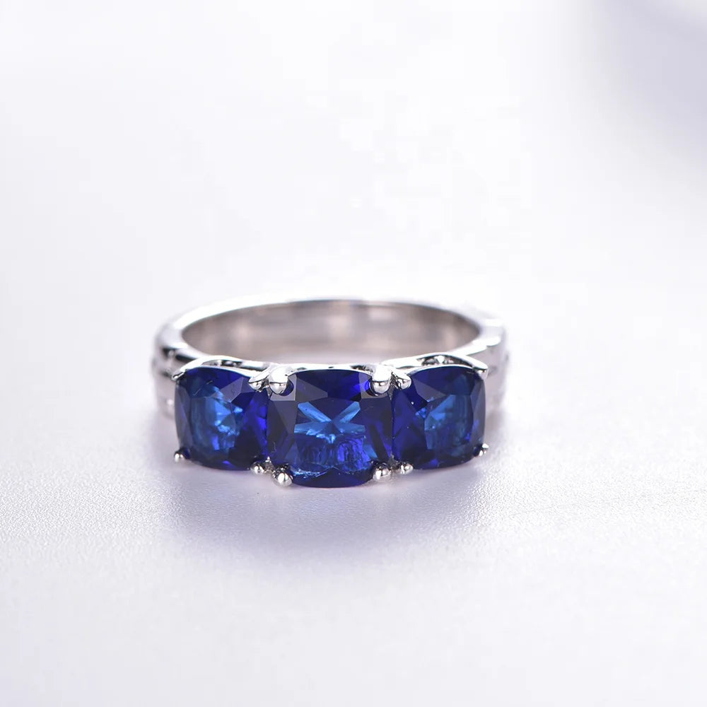 women three stone rings 925 sterling silver ring cushion 3 Aquamarine Blue Gemstone Wedding Diamond ring Kirin Jewelry