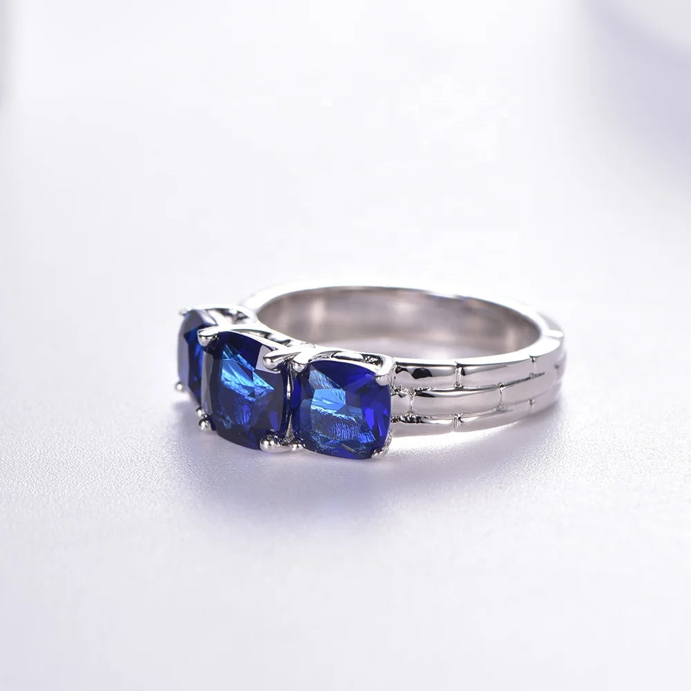 women three stone rings 925 sterling silver ring cushion 3 Aquamarine Blue Gemstone Wedding Diamond ring Kirin Jewelry