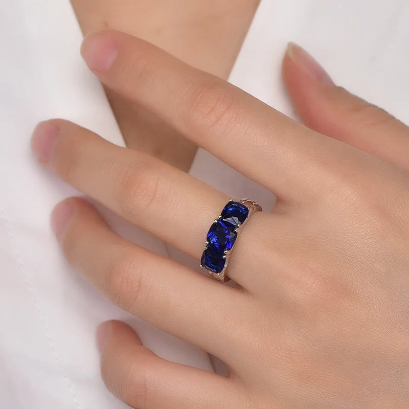 women three stone rings 925 sterling silver ring cushion 3 Aquamarine Blue Gemstone Wedding Diamond ring Kirin Jewelry